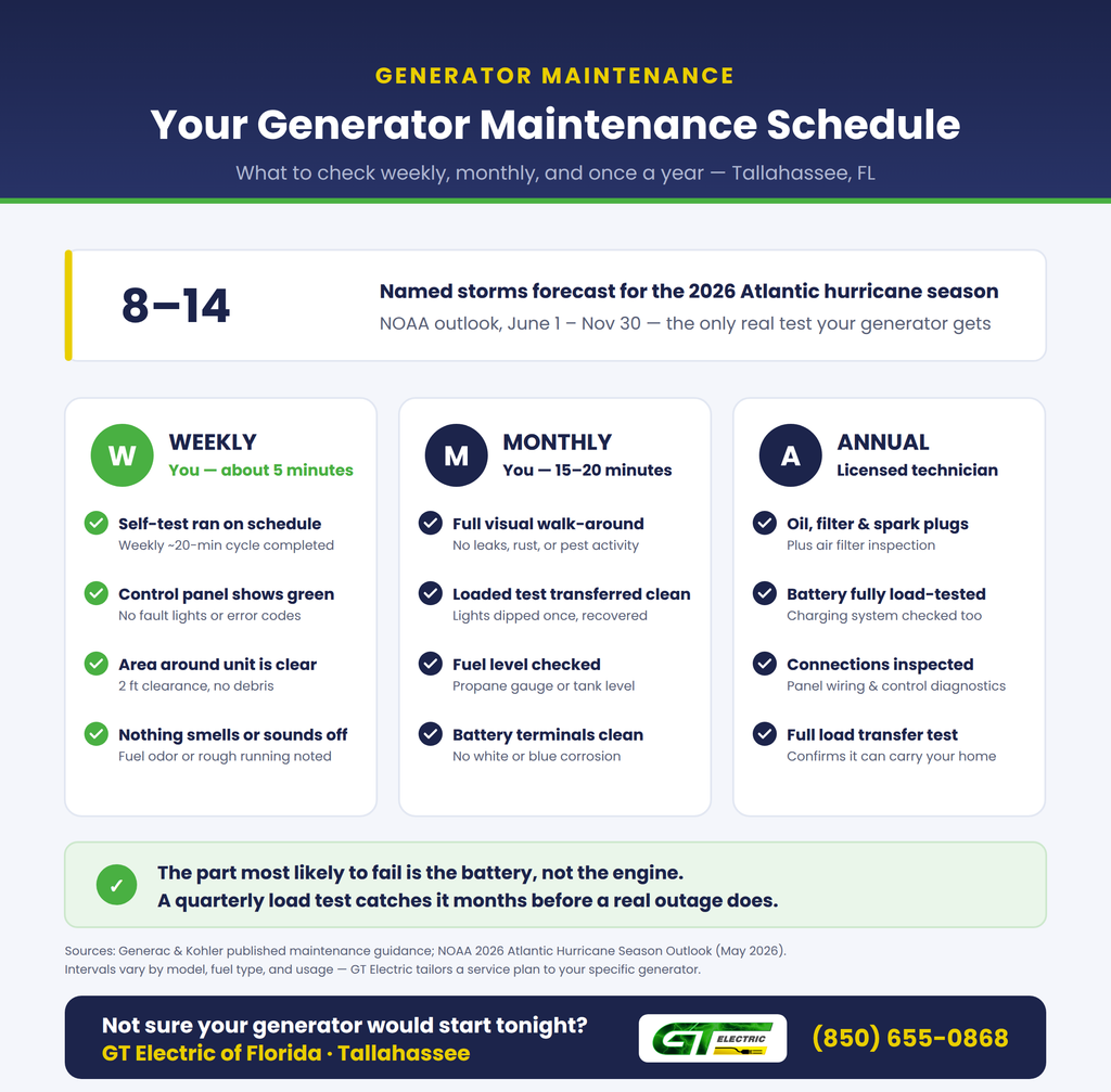 Weekly, monthly, and annual standby generator maintenance checklist for a Tallahassee home, with the 2026 Atlantic hurricane season outlook of 8 to 14 named storms